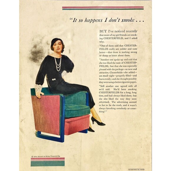 Liggett & Myers Tobacco *Noticed my Girlfriends smoke Chesterfield Print Ad 1931 - Picture 1 of 3